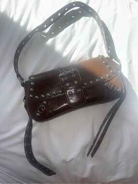 Studded Dark Brown Leather Shoulder Bag